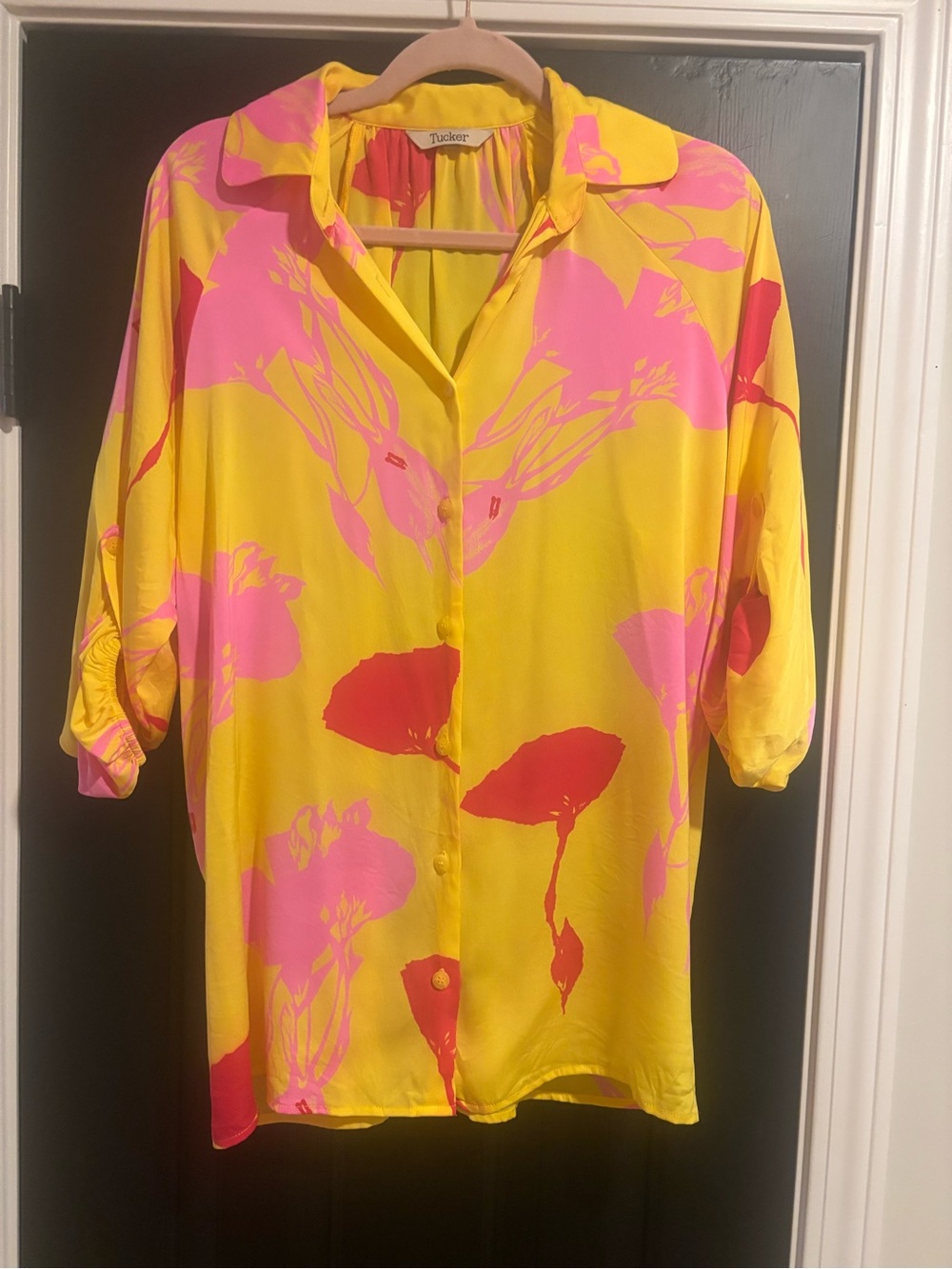 Tucker Yellow Blouse with Pink and Red Floral Print. Silk
